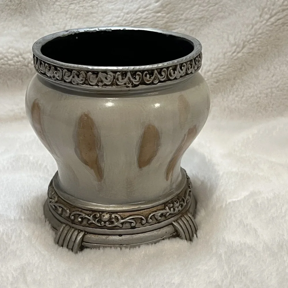 Marble Look Footed Tumbler Brown Great For Bathroom Organizer EUC